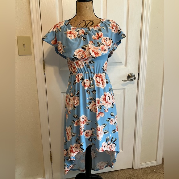 Hot Kiss baby blue pink floral high low stretchy dress off shoulder midi S - Picture 11 of 12